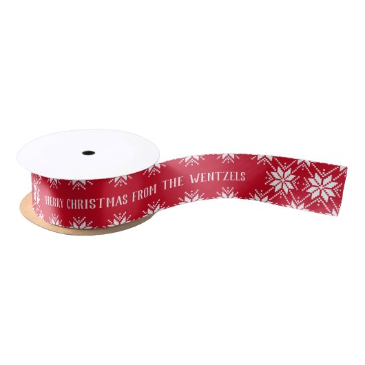 Red and White Snowflake Custom Frohe Weihnachten Satinband (Spule)