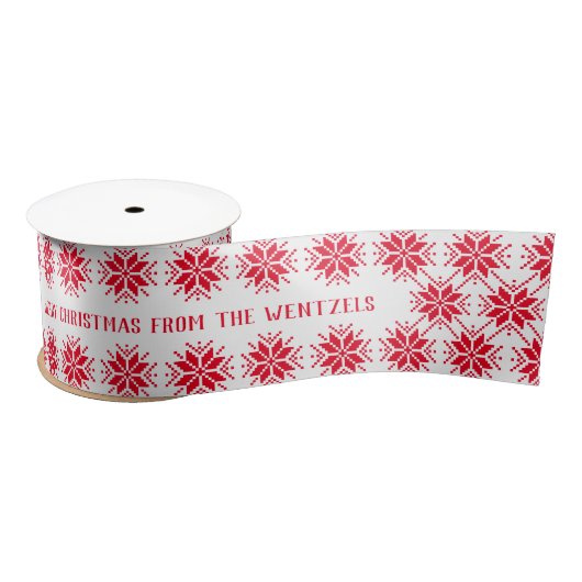 Red and White Snowflake Custom Frohe Weihnachten Satinband (Spule)