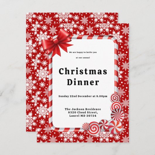 Red and White Snowflake Muster Weihnachtsessen Einladung (Vorne/Hinten)