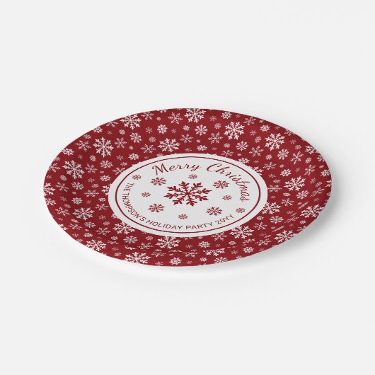 Red And White Snowflakes Custom Christmas Party Pappteller (Schrägansicht)
