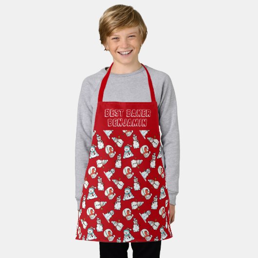 Red and White Snowman Pattern Boys Schürze (Getragen)