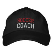 Red and White Text Soccer Coach Hat Bestickte Kappe (Vorderseite)