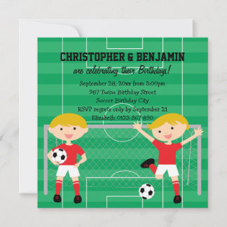 Red and White Twin Boys Soccer /2 Birthday Party Einladung