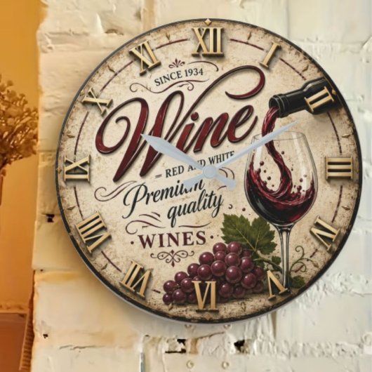Red and White Wine Rustic Vineyard Kitchen Große Wanduhr