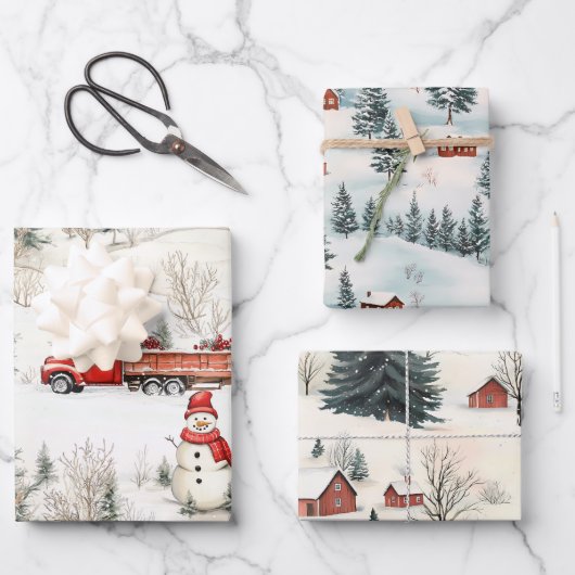 Red and White Woodland Snowman and Truck Weihnacht Geschenkpapier Set (Vorderseite)