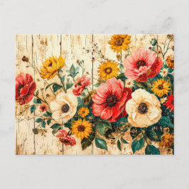 Red and Yellow Garden Flowers on Wood Postkarte