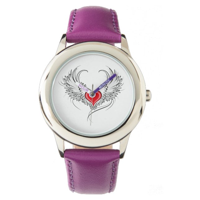 Red Angel Heart mit Flügeln Armbanduhr (Vorderseite)