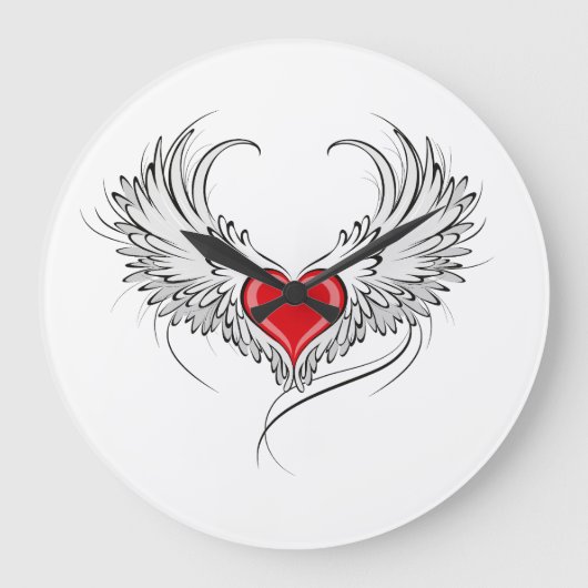Red Angel Heart mit Flügeln Große Wanduhr (Vorderseite)