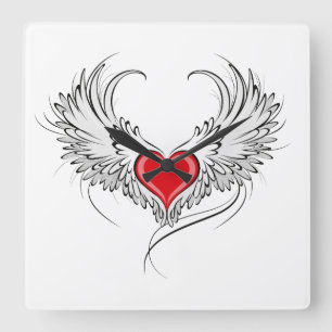 Red Angel Heart mit Flügeln Quadratische Wanduhr