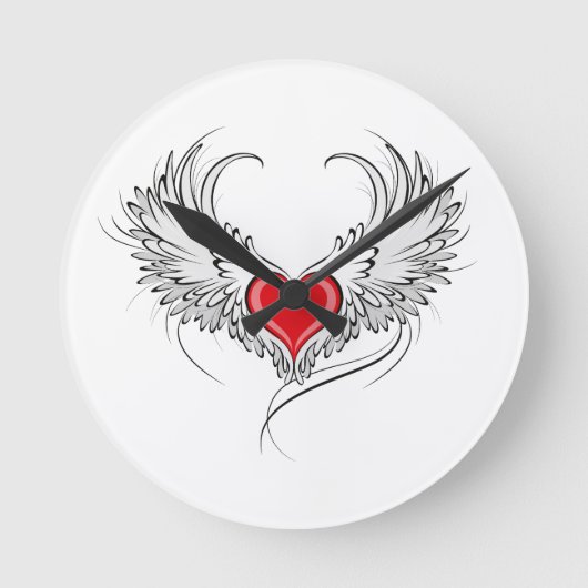 Red Angel Heart mit Flügeln Runde Wanduhr (Vorderseite)