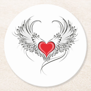 Red Angel Heart mit Flügeln Runder Pappuntersetzer