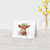 Red Angus Baby Cow Cala mit Blume auf Head BLANK Karte (Gelbe Blume)