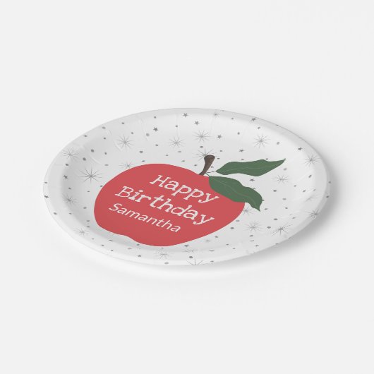 Red Apfel personifizieren Namen glücklich Geburtst Pappteller (Schrägansicht)