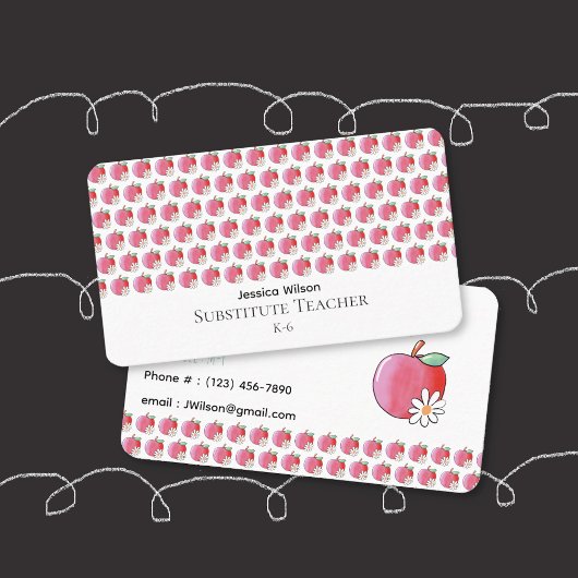 Red Apple and Daisy Pattern Teacher Business Card Visitenkarte