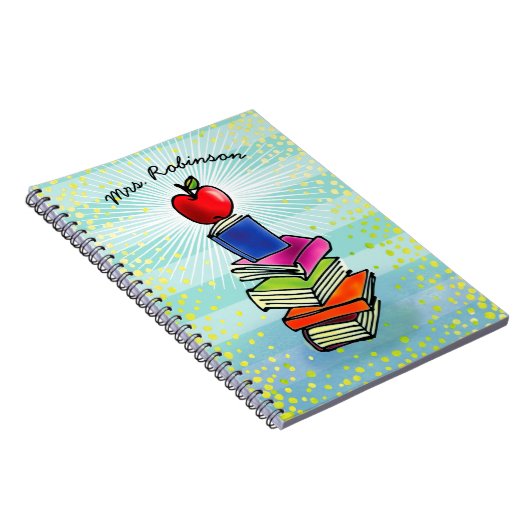 Red Apple Book Stack Teacher Name Turquoise Strip Notizblock (Rechte Seite)