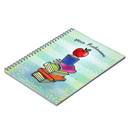 Red Apple Book Stack Teacher Name Turquoise Strip Notizblock (Linke Seite)