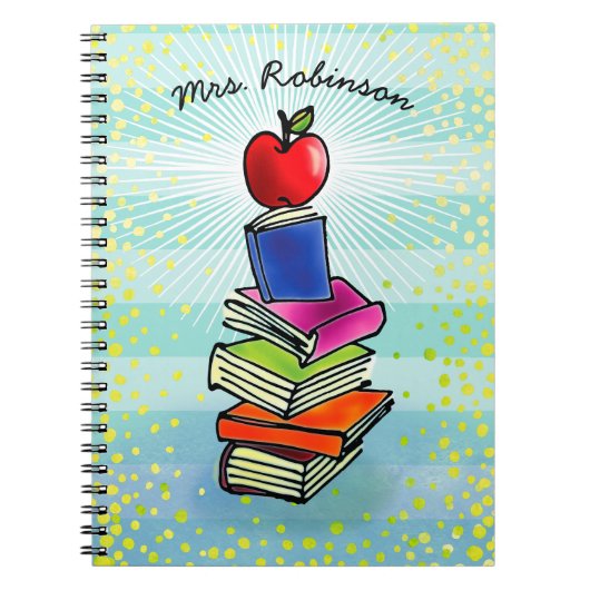 Red Apple Book Stack Teacher Name Turquoise Strip Notizblock (Vorderseite)