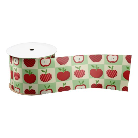 Red Apple Checkered Cute Fall Teacher Gift Wrappin Satinband (Spule)