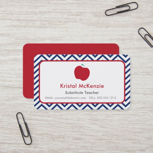 Red Apple & Navy Zickzack Teacher Business Cards Visitenkarte (Vorderseite/Rückseite Beispiel)