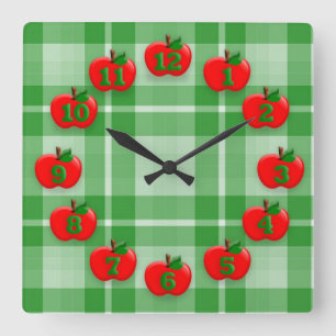 Red Apples Green Checked Kariert Gingham Quadratische Wanduhr