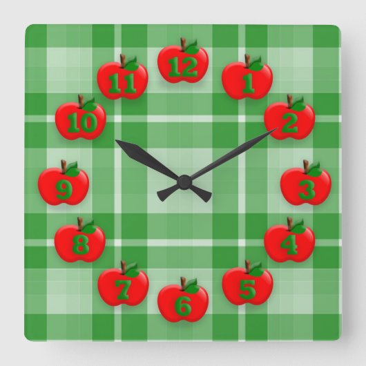 Red Apples Green Checked Kariert Gingham Quadratische Wanduhr (Vorderseite)