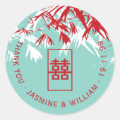 Red & Aqua Bamboo Blätter Shuang Xi Chinese Weddin Runder Aufkleber (Vorderseite)