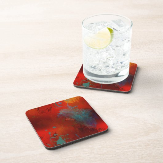 Red, Aqua & Gold Grunge Digitale Abstrakte Kunst Untersetzer (Rechte Seite)