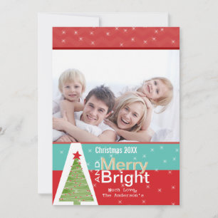 Red Aqua Pine Tree Merry Bright Family Foto Card Feiertagskarte