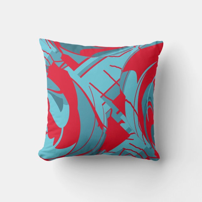 Red Aqua Turquoise Lush Blätter Abstraktes Design Kissen (Vorderseite)