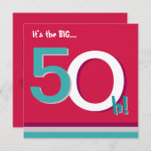 Red & Aquamarin 50th Big 5-Oh! Fünfzigste Geburtst Einladung (Vorne/Hinten)