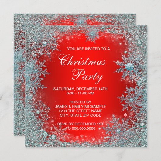 Red Aquamarin Blue Snowflake Weihnachts-Party Einladung (Vorne/Hinten)