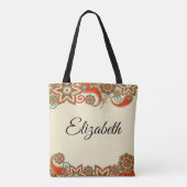 Red Aquamarin Floral Paisley Gerahmt Add Name Lein Tasche (Rückseite)