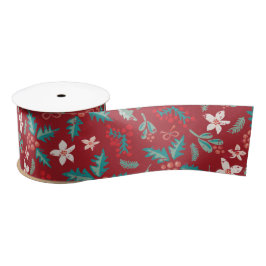 Red Aquamarin Holries Weihnachts-Blumenmuster Satinband