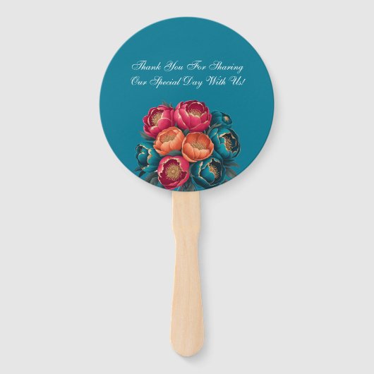 Red Aquamarin Orange Peony Blooms Gold Trim Weddin Fächer (Rückseite)