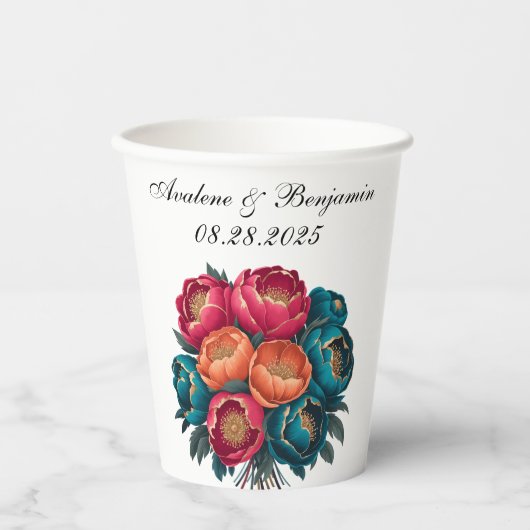 Red Aquamarin Orange Peony Blooms Gold Trim Weddin Pappbecher (Vorderseite)