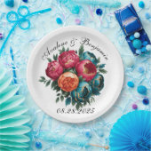 Red Aquamarin Orange Peony Blooms Gold Trim Weddin Pappteller (Party)