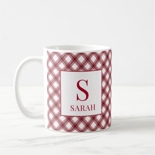 Red Argyle Plaid Monogram Name Kaffeetasse (Links)