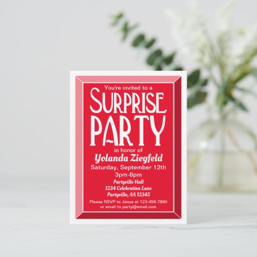 Red Art Deco Beveled Birthday Surprise Party Einladungspostkarte (Stehend Vorderseite)