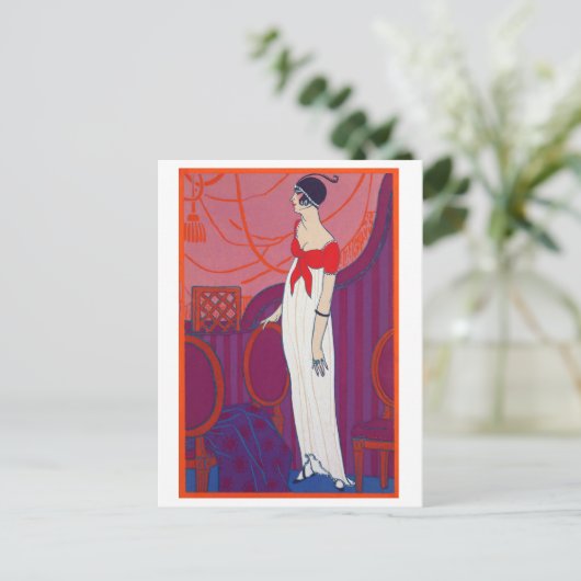 Red Art Deco Fashion Zeichnend von George Barbier Postkarte (Stehend Vorderseite)