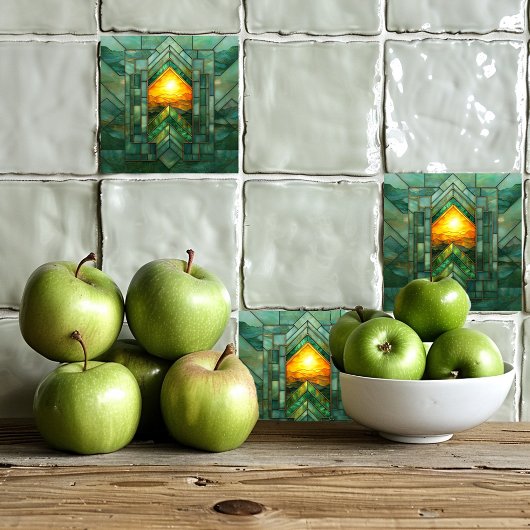 Red Art Deco Türkis Green Gold Sun Fliese