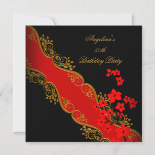 Red Asian Black Floral Gold Geburtstagsparty Einladung