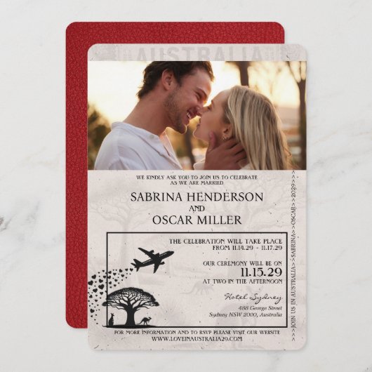 Red Australia Passport Wedding Einladung (Vorne/Hinten)
