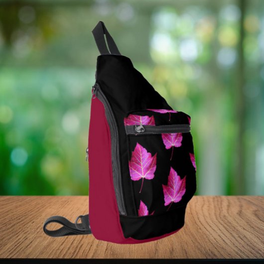 Red Autumn Maple Leaf Pattern on Black Background Crossbody Bag