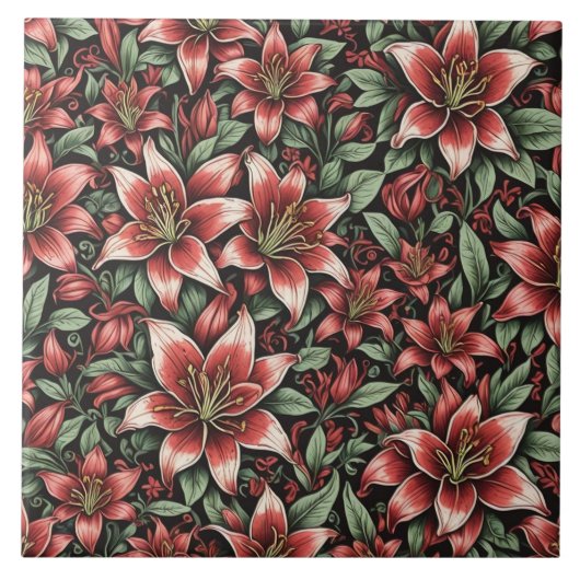Red Aztec Lily Pattern Fliese (Vorderseite)