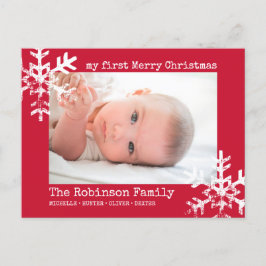 Red Baby Holiday First Christmas Foto Snowflakes Feiertagspostkarte