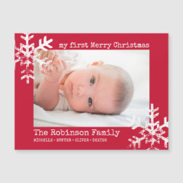 Red Baby Holiday First Christmas Foto Snowflakes Magnetkarte