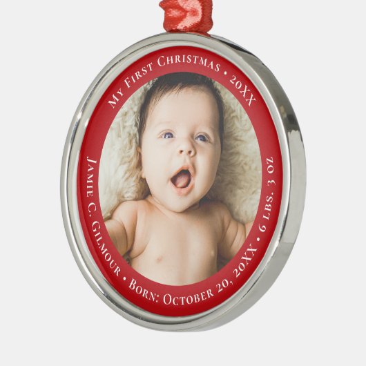 Red Baby's First Christmas 1 Foto Geburtsdatum Ornament Aus Metall (Links)