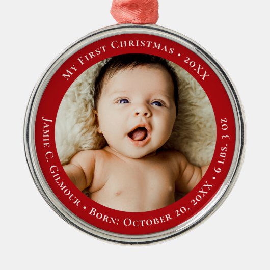 Red Baby's First Christmas 1 Foto Geburtsdatum Ornament Aus Metall (Vorne)