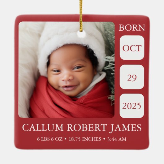 Red Baby's First Christmas Birth Stats Ornament (Rückseite)