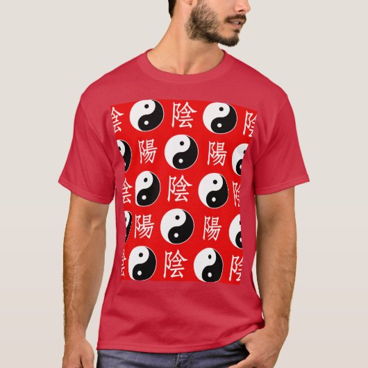 Red Background Chinesisches Yinyang-Muster T-Shirt (Vorderseite)